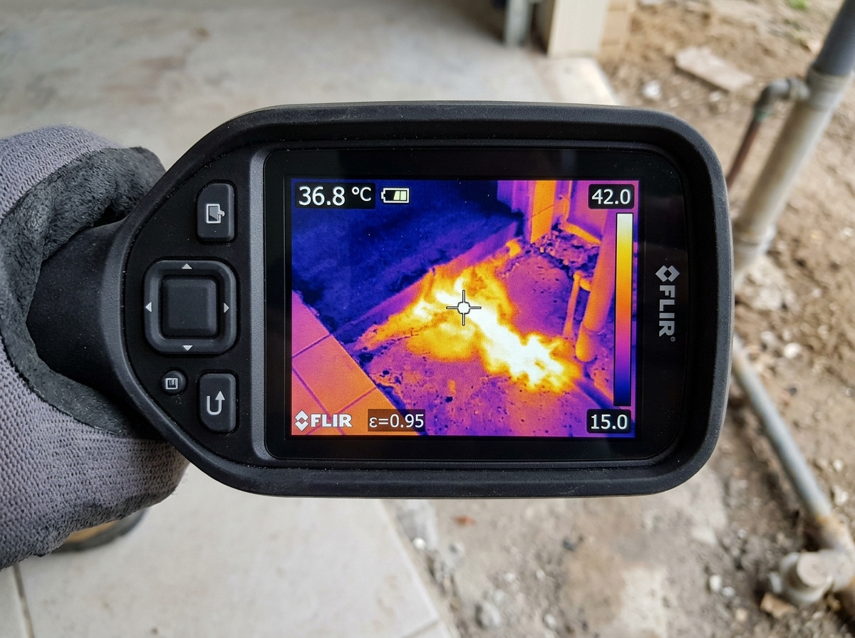 Thermal imaging camera and repair tools evaluating a hot water slab leak in a residential floor