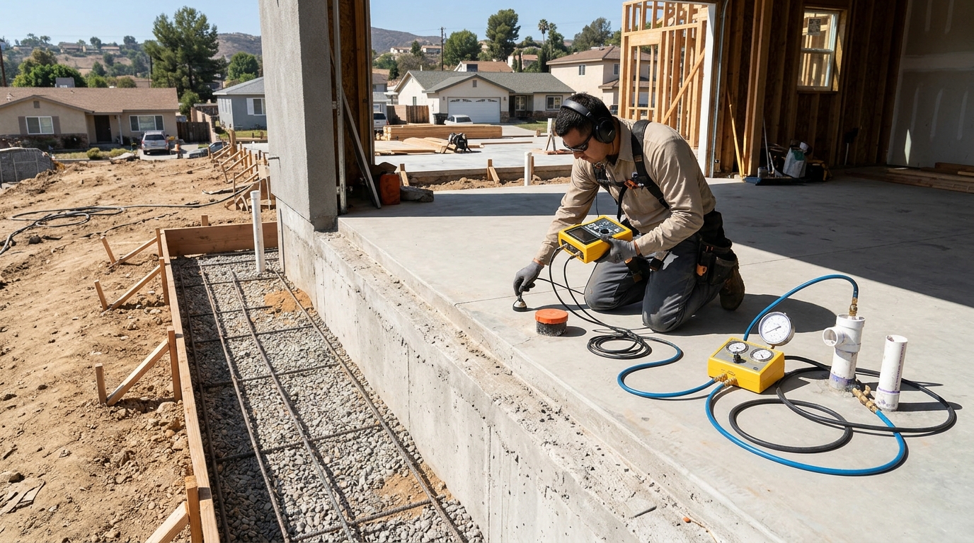 Plumbing technician conducting slab leak repair and testing on a residential foundation in Lawton Oklahoma